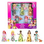 Mattel Princesses Disney Les Princesses et Leurs Amis Coffret de 5 Mini-poupées articulées avec Jupe ou Pantalon Amovible et 5 Figurines d’Amis, inspiré des Films Disney, JBL33