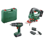 BOSCH Universal Impact 18v Slagborr + Bosch Pst 18 Sticksåg 2 2,0 Ah Batterier Laddare Fodral 06039d410b