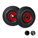 Relaxdays Roue de brouette caoutchouc 100 kg, lot de 2, roue de rechange, pour axe de 25 mm, 3.00-4, noir-rouge