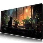 Tapis de bureau motif chat noir et plantes vertes - Grand tapis de souris de jeu XL - Grand tapis de souris pour bureau complet - Grand tapis de souris long et long pour ordinateur portable -