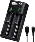 Chargeur de Batterie, 3.7V Chargeur Pile pour 18650 10440 14500 14650 18500 18350 18700 26650, 1.2V Ni-MH/Ni-CD AA AAA C (2 Baies)