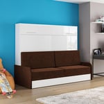 Armoire lit escamotable VERTIGO SOFA façade blanc brillant canapé accoudoirs marron 160*200 cm