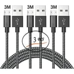 [Pack de 3]Câble Micro USB 3M,Micro Câble Chargeur USBpour Samsung Galaxy S7 Edge S6 S5 S4 S3, Note 5,WIKO,ASUS,HUAWEI,HTC,LG