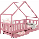 Lit cabane alva lit enfant simple asymétrique en bois 90 x 190 cm montessori, avec rangement 2 tiroirs, en pin massif lasuré rose - Rose