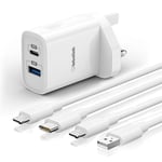 GlobaLink iPhone Fast Charger, 20W 2-Port Wall Charger Plug with 1x2m USB C to Lightning Cable and 1x2m USB A to iPhone Charger Cable, PD3.0 Fast Charging Adapter for iPhone 13 12 12 Pro 12 mini SE 11