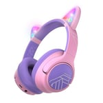 PowerLocus Cat Ear Headphones, 74/85/94dB Volume Limited, LED Lights, Kids Wireless Headphones, 45H Playtime, Built-in Mic, HD Stereo, Kids Bluetooth Headphones Over Ear for iPad/Travel/PC/Tablet