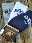 7-8.5 39-42 NEW BALANCE BOSTON Logo Navy White Grey CREW Cotton SOCKS NBCREW1