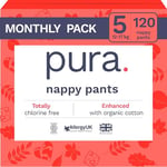 Pura Eco Nappy Pants - Size 5 (12-17kg), 6 x 20 Nappies (120 Total), Pull Up Disposable Baby Nappies for Sensitive & Allergy Prone Skin, Hypoallergenic, Fragrance Free, Easy-Tear Side, New Size Guide