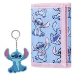 Disney Stitch Kids Wallet and Keyring Gift Set Cute Trifold Wallet with Coin Purse Card Slots and Keychain Stitch Gifts (Blue Stitch)