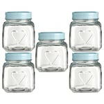5pc 900ml Embossed Heart Glass Storage Jar Container Aqua Blue Lid Food Canister