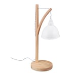 Relaxdays Lampe de table, abat-jour en métal suspendu, bois, E14, HxLxP 52x18x26 cm, style industriel, blanc