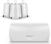 Tower Solitaire White Bread Bin & Canisters Storage Set Embossed Diamond Design