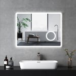 Emke - Miroir lumineux de salle de bain avec Interrupteur Tactile, Fonction Anti-buée, 3x Loupe 80x60cm Lumière Blanche froide