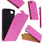 Housse Coque Etui en PU cuir � rabat avec STRASS Rose  pour Iphone 4S 4 + Stylet