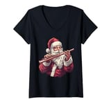 Womens Santa Playing Flute Funny Flute Player Christmas Xmas Pajama V-Neck T-Shirt