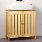 EUGAD Meuble de Salle de Bain Bambou, Meuble sous Lavabo avec 2 Portes à Lamelles, Meuble sous Vasque sur Pied, Placard sous Lavabo avec Étagère de Rangement, 60x60x30cm