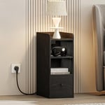 Hzuaneri Table de Chevet avec Multiprise, Port USB et Type C, Table d'appoint Étroite, Espace de Rangement à 3 Niveaux avec 1 Tiroir, pour Chambre à Coucher, Salon, Noir NS36404X