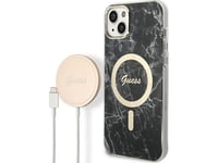 Guess-Lader Guess-Etui + Trådløs Lader Gubpp14shmeacsk Apple Iphone 14 Svart/Svart Hardt Etui Marble Magsafe