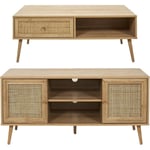 Set meuble tv en bois 2 portes et table basse 1 tiroir Bali