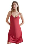 ARCFEETORY Nuisette Satin pour Femme Chemise de Nuit Lingerie avec Col en V Robe de Nuit Bretelles Spaghetti Reglables Vêtements de Nuit Date Rouge L