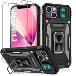 Jshru for iPhone 13 Case with Screen Protector [2 Pack] and Slide Camera Cover,Military Grade Shockproof iPhone 13 Phone Case,Ring Kickstand Phone Cover for iPhone 13,Black