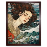 Dreaming of the Sea Woman Sleeping Egon Schiele Style Watercolour Painting Red Brown Blue Carried by Waves Art Print Framed Poster Wall Decor 12x16 in