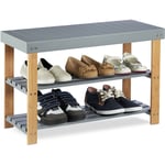 Relaxdays - Banc à chaussures Bambou, 2 Niveaux ouverts, Range-chaussures, Banquette Veinure naturelle, 45x70x28,5cm, gris