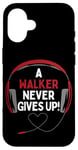 Coque pour iPhone 16 Casque personnalisé avec citation de jeu « A Walker Never Gives Up »