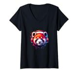 Womens Dj Red Panda with Headphones Cute Animals Disc Jockey Music V-Neck T-Shirt