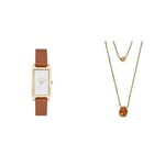 Skagen Women's Hagen Watch and Multi-Strand Necklace - Three-Hand Movement, Gold Stainless Steel Watch and Sea Glass Honey Glass Necklace