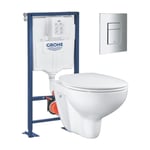 Grohe - Pack wc suspendu sans bride Bau ceramic + Bâti support Solido + abattant + plaque carré chromé