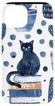 Coque pour iPhone 15 Aquarelle bleue à pois et chat noir esthétique