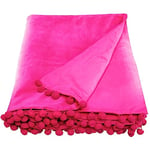 Ragged Rose 140 cm x 180 cm Throw Blanket - Pom Pom Throw Made of Cotton Velvet with Pompom Trims on Sides - Versatile Cotton Velvet Blanket for Sofa & Bed