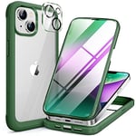 Miracase Glass Case Compatible with iPhone 14 Plus Case 6.7 inch, 2023 Upgrade Full Body Clear Bumper Case with Built-in 9H Tempered Glass Screen Protector + Camera Lens Protector (Alpine Green)