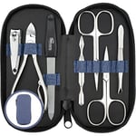 marQus kit manucure pedicure 7 pc. de Solingen -kit manucure professionnel en cuir synthétique avec look denim, pince ongle, coupe ongle, lime a ongles, pince a épiler, 2 ciseaux, pousse-cuticule