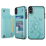 UEEBAI Case for iPhone XR, Luxury PU Leather Case [Two Magnetic Clasp] [Card Slots] Stand Function Butterfly Flower Pattern Durable Shockproof Soft TPU Back Wallet Cover for iPhone XR - Mint Green