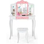 Ensemble Coiffeuse et Tabouret pour Enfants, Miroir à 3 Volets Amovible, Table de Maquillage avec Tiroir Blanc - Costway