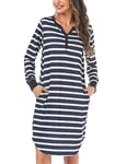 Nieery Womens Cotton Nightdress, Plus Size Nightie Nightshirts Strips, Long Sleeved T Shirt Dress Nightgown Nightwear Knee Length (Navy+White, XL)