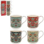 4 CHINA MUGS WILLIAM MORRIS STRAWBERRY THIEF COFFEE OR TEA MUG SET GIFT BOXED