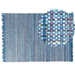 Tapis à Poil Ras 140 x 200 cm en Coton Bleu Fabriqué à la Main à Franges Boho B