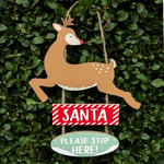 Talking Tables Santa Stop Here Hanging Wooden Sign Featuring Rudolph The Reindeer | Reusable Christmas Decorations for Kids | Made Add Some Xmas Cheer to Your Home |30cm Tall