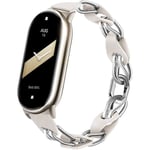 Kompatibel med Xiaomi Mi Band 8 Armband, Ersättningsarmband Öppet Design Rostfritt Stål Ring Läderkedja Bälte Andningsbart Elegant Armband för Dam White Silver