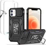 Antichoc Coque Para Iphone 12 6.1',Tpu+Pc Housse Protection De Qualité Militaire Avec Lentille Coulissante Couverture/2* Verre Trempé,Compatible Support De Voiture Magnétique-Le Noir