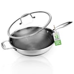 NutriChef Wok Non Stick Pan with Glass Lid, Hex Frying Pan, Large Deep Stir Fry Pans, Stainless Steel Saute Pan for Induction Hob, Nonstick Hexclad Wok w/Honeycomb Pattern, Scratch-Resistant, 30cm