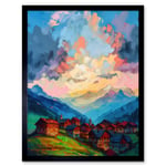 Atmospheric Clouds at Dawn Over Small Village Houses in the Alps Modern Watercolour Painting Art Print Framed Poster Wall Decor 12x16 inch