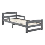 Juskys lit Arona 90 x 200 cm avec sommier à Lattes - Cadre de lit en Bois Massif Gris - lit Simple avec Protection Anti-Chute - Espace de Rangement sous Le lit