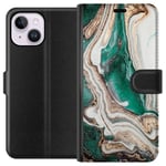 Apple iPhone 14 Plus Svart Plånboksfodral Grön / Guld marmor