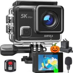 Caméra Sport 5K 30FPS 24MP, Caméra étanche 40M et 2 Piles 1350mAh Batteries, WiFi Caméra d'action avec Ecran LCD Tactile, EIS Stabilisateur, Télécommande 2.4 G et Kit d'accessoires