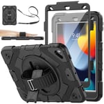 SEYMAC stock 360° Rotating Stand/Hand Strap Shockproof Case for iPad 9th/8th/7th Generation 10.2 inch 2021/2020/2019, Black