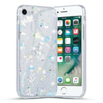 Coalbooliy Coque pour Apple iPhone SE 2022/ SE 2020/7/8 4,7",Transparente Paillettes Étui avec Aesthetic Brillant Motif en Souple Silicone Housse, Mince TPU Anti-Jaune Cover pour iPhone 7,Fleur 3